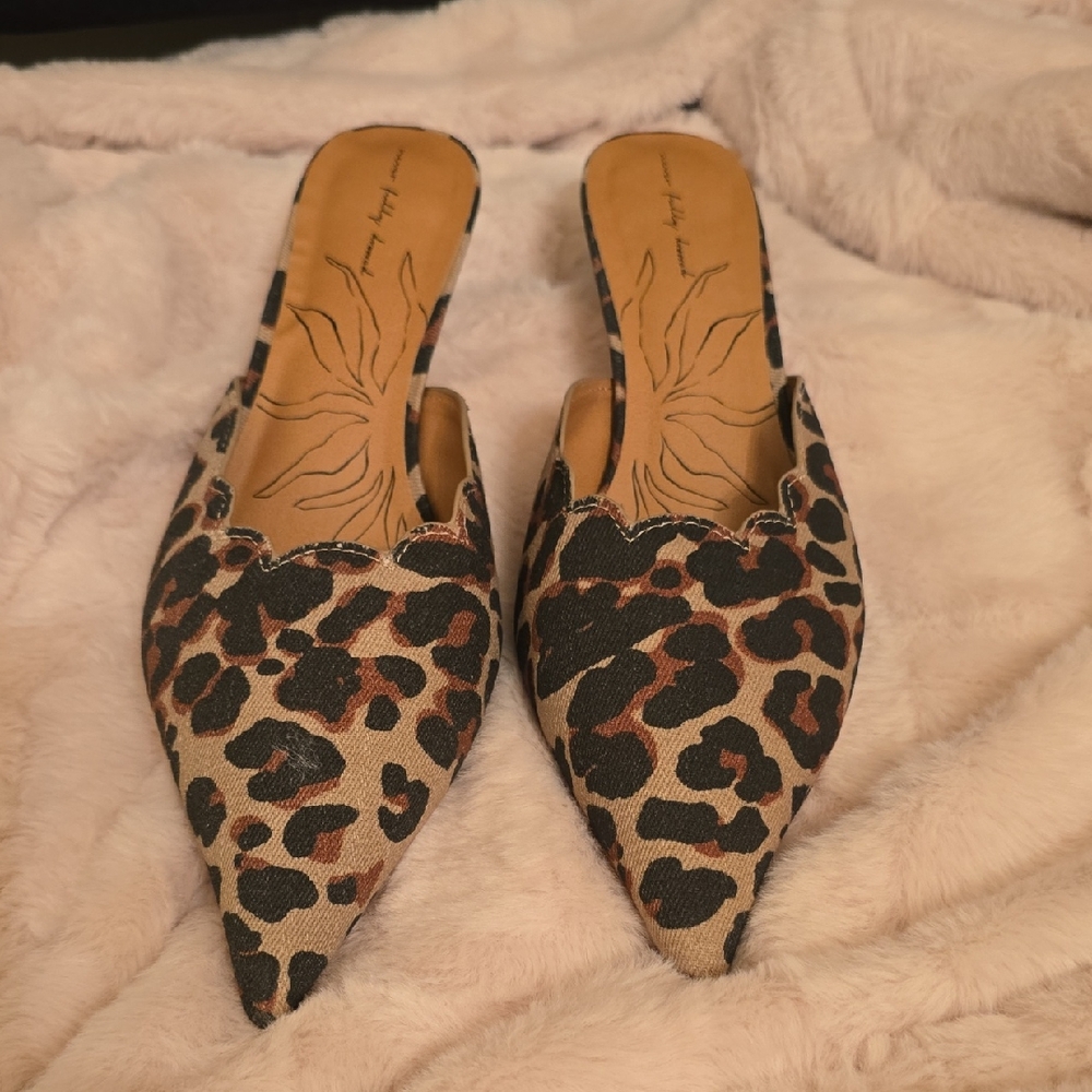 Never Fully Dressed Leopard Print Pointed Mules in tan, black, brown